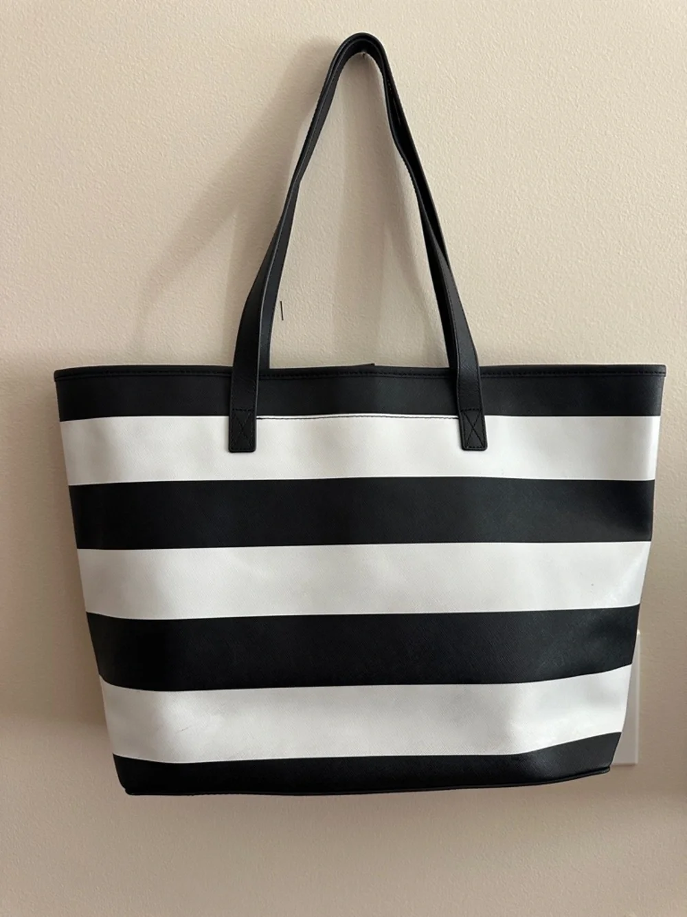 Michael Kors Jet Set Black and White Striped Tote with Gold Plaque